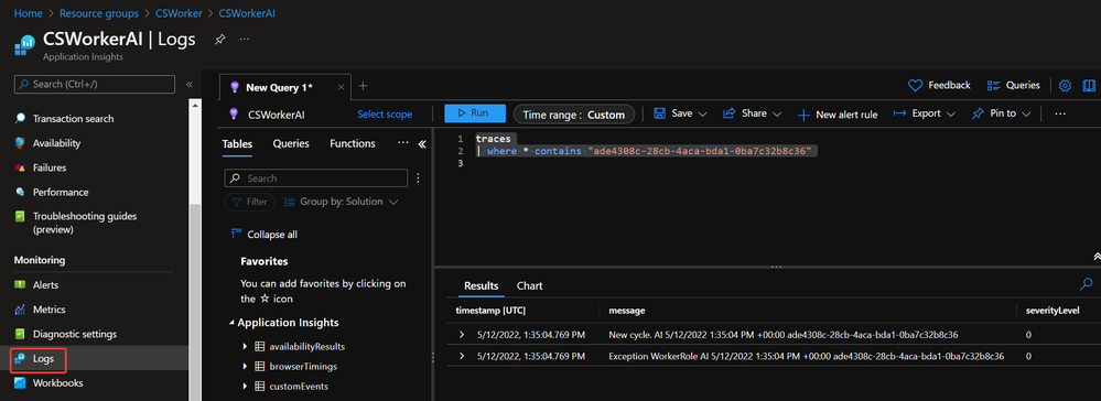 Custom trace logs in Logs page