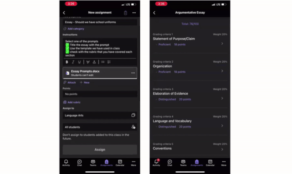 Teacher Creation and updated view of rubrics on mobile for student and teachers