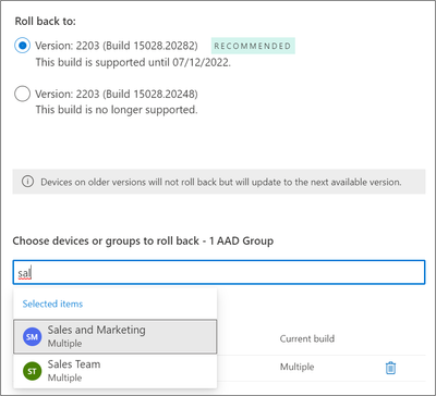 An image of the Rollback user interface demonstrating how to leverage Azure AD groups.