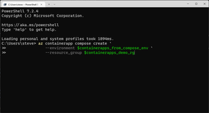 PowerShell terminal with az containerapp compose create command example.
