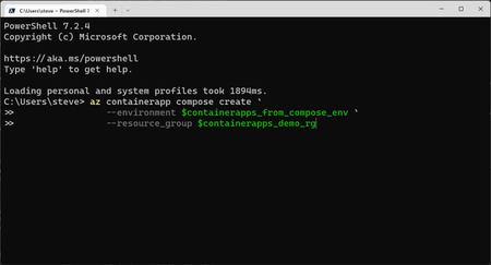 PowerShell terminal with az containerapp compose create command example.