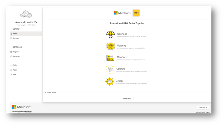 A screenshot of the H2O.ai Wave UI connecting to Azure Machine Learning