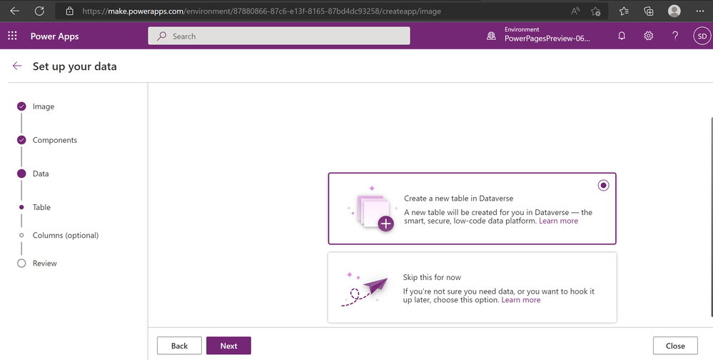 Picture showing creating a Dataverse table option