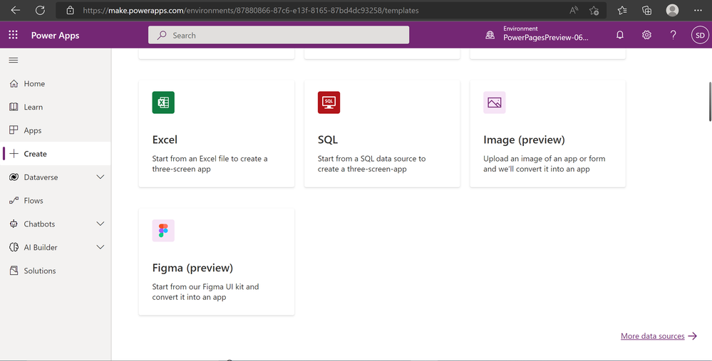 Piicture showing PowerApps create screen