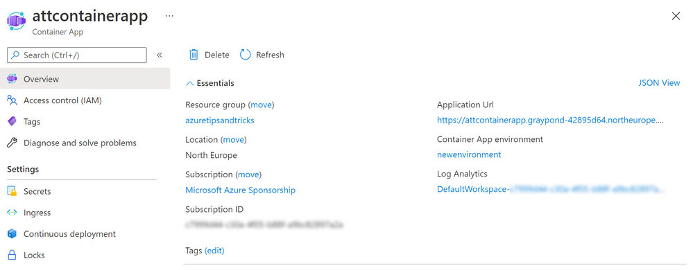 Azure Container App in the Azure portal