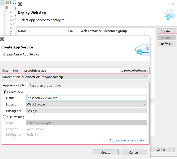 Create an Azure App Service Web App in Eclipse