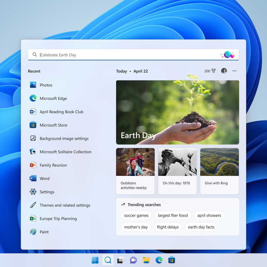 Search on the taskbar showing an updated experience for Earth Day.