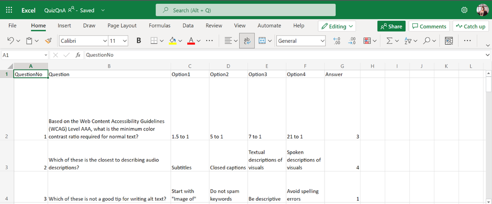 A web version of a Microsoft Excel spreadsheet containing columns QuestionNo, Question, Option1, Option2, Option3, Option4 and Answer
