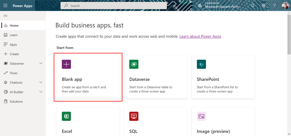 Power Apps home screen, with the Start from Blank app option highlighted by a red border