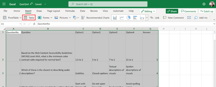 A web version of Microsoft Excel with all fields selected. The Insert tab has been selected and the Table button is being highlighted by a red border.