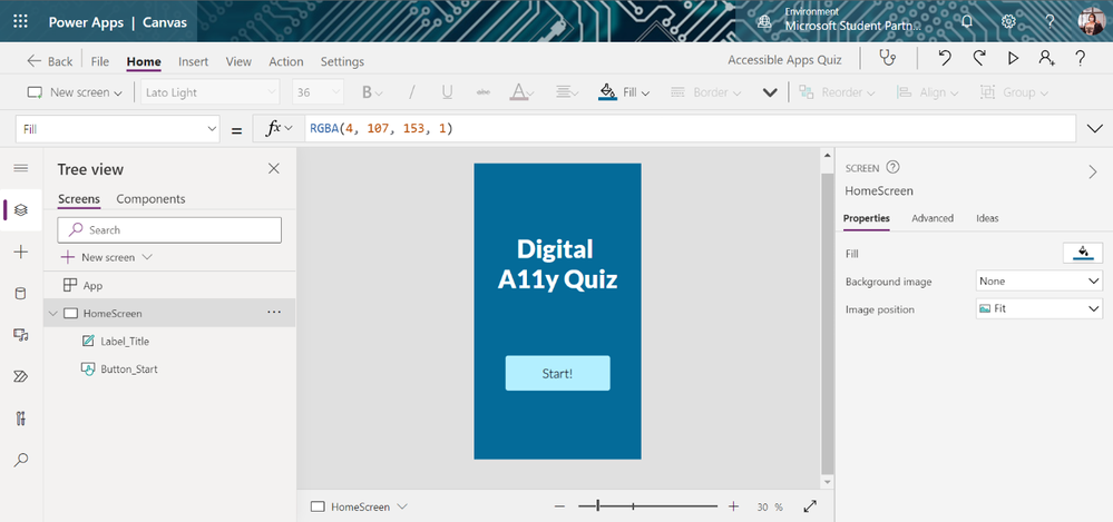 Power Apps interface consisting of a dark blue home screen that reads Digital A11y Quiz and a Start button