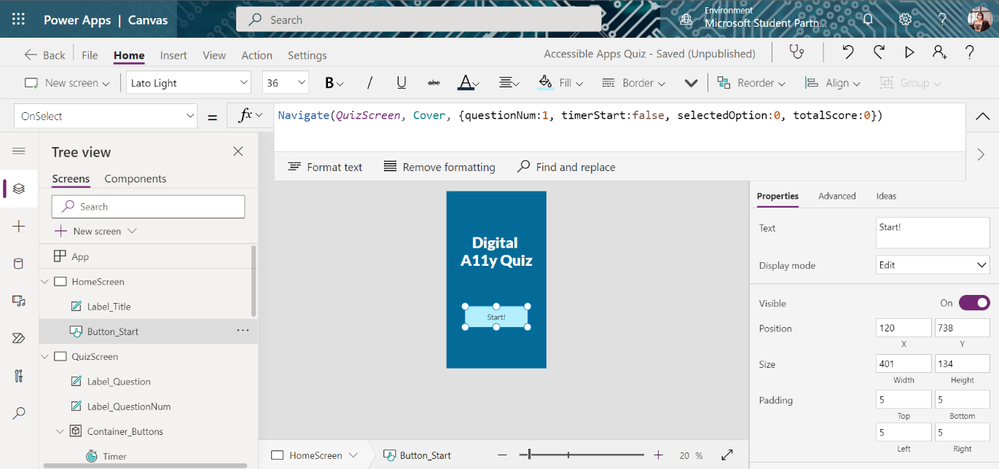 Power Apps interface with a start button selected and its OnSelect formula expanded