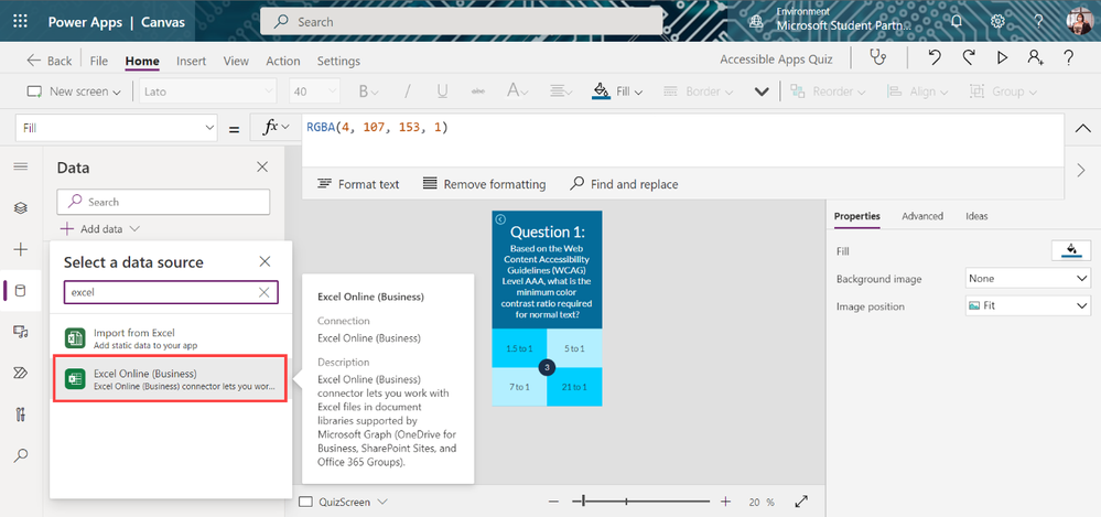 Power Apps interface with Excel Online (Business) data source highlighted in a red border