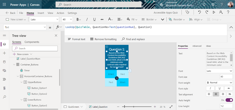 Power Apps interface with label selected and its text formula expanded
