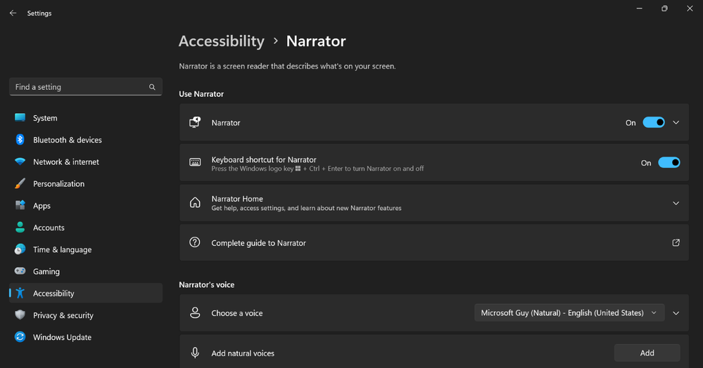 Windows Accessibility settings for Narrator