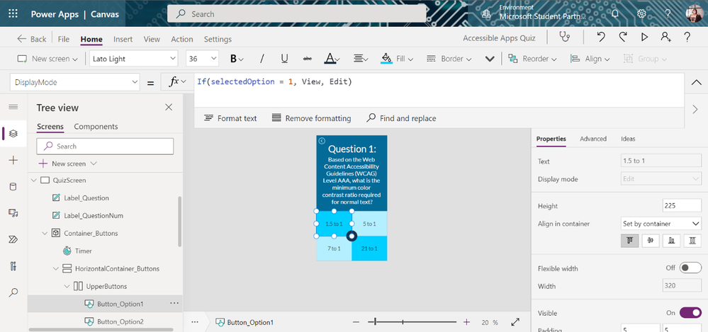 Power Apps interface with button selected and its DisplayMode formula expanded