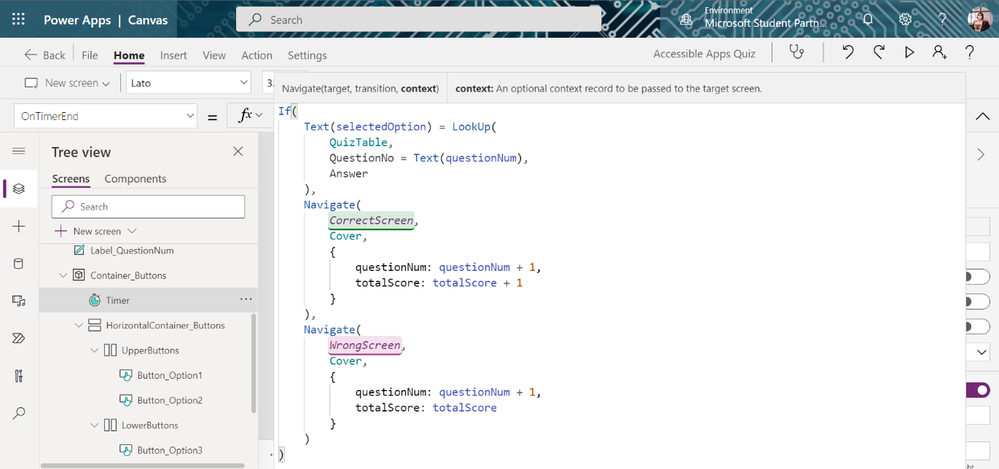 Power Apps interface with Timer selected and its OnTimerEnd function expanded