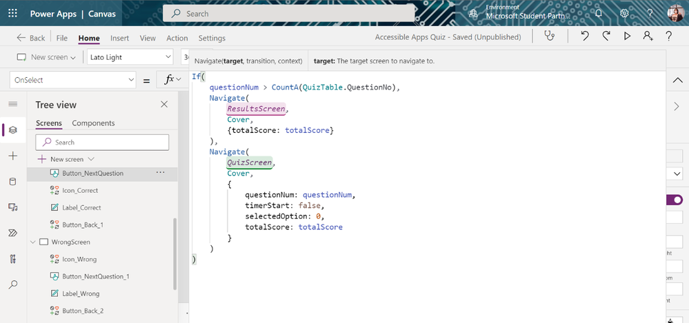 Power Apps interface with a button selected and its OnSelect formula expanded