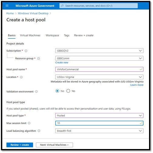 Create Host Pool in Gov - With VMs