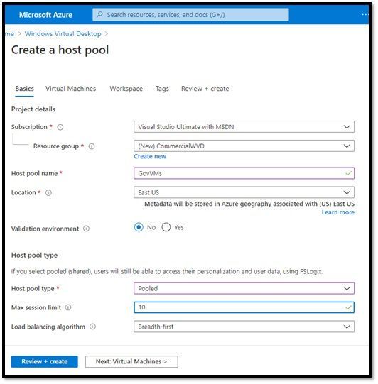 Create Empty Host Pool in Commercial