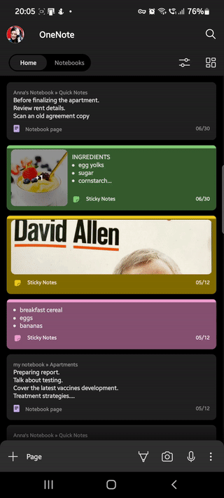 A GIF image demonstrating how to filter notes by note type in the OneNote app on an Android mobile device.