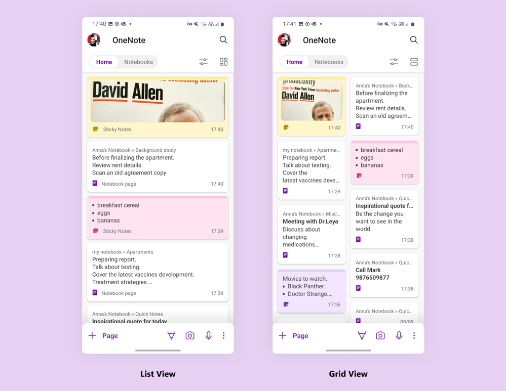 An image demonstrating the List and Grid views on the Home screen of the OneNote app on an Android mobile device.