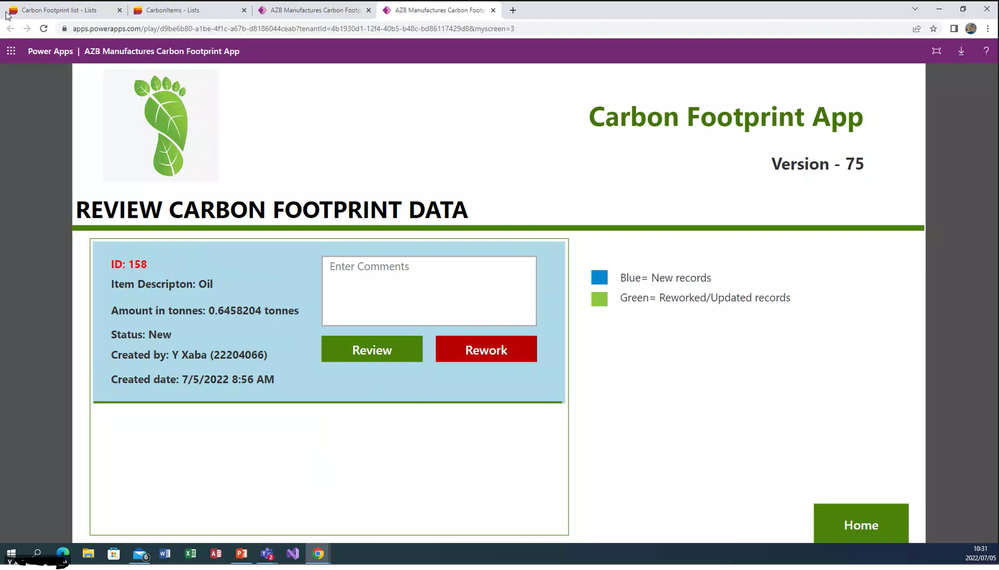 A picture showing a Carbon Footprint App built with PowerApps
