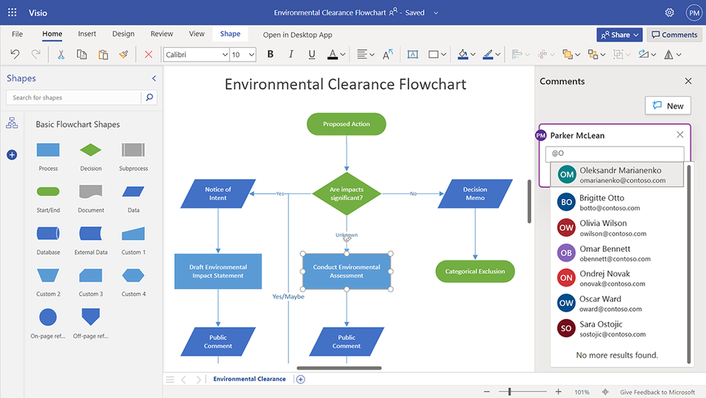 An image demonstrating a flowchart with a list of names that auto-populates when using the @mention feature in Visio for the web.