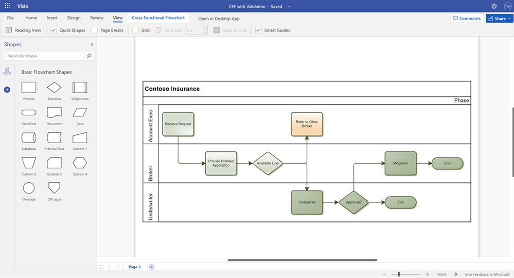 An image demonstrating how a user can open and edit a Visio file consisting of shapes with gradients in Visio for the web.