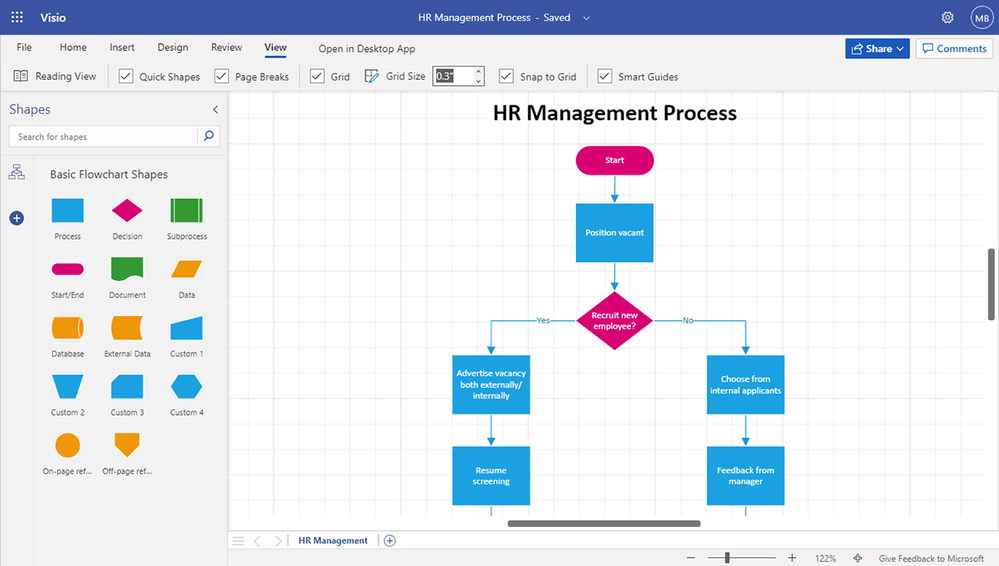 An image demonstrating how to show the grid by selecting the Grid check box, and how to align shapes to the grid by selecting the Snap to Grid check box.