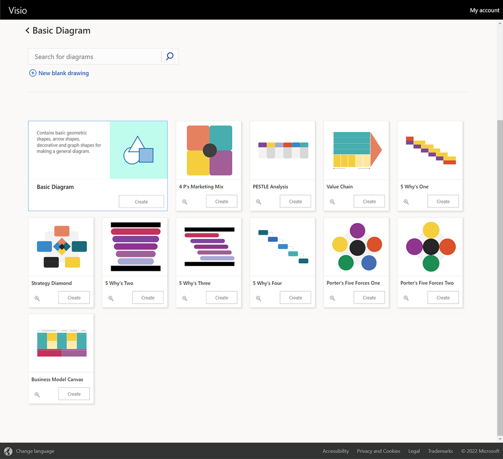An image demonstrating how to access new business frameworks by selecting See All in the Basic Diagrams template library in Visio for the web.