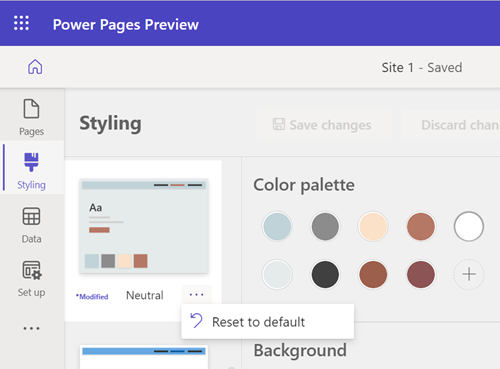 A picture showing how to reset a theme for a site in Power Pages
