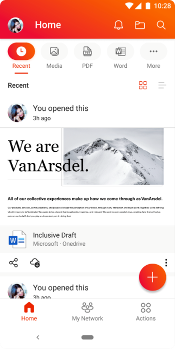 An image demonstrating the Quick Access options available on the Office app home screen on an Android device.