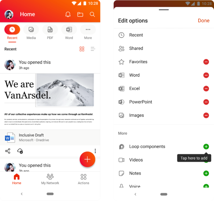 An image demonstrating the additional options available when users click the "More" option on the Quick Access bar on the Office app home screen on an Android device.