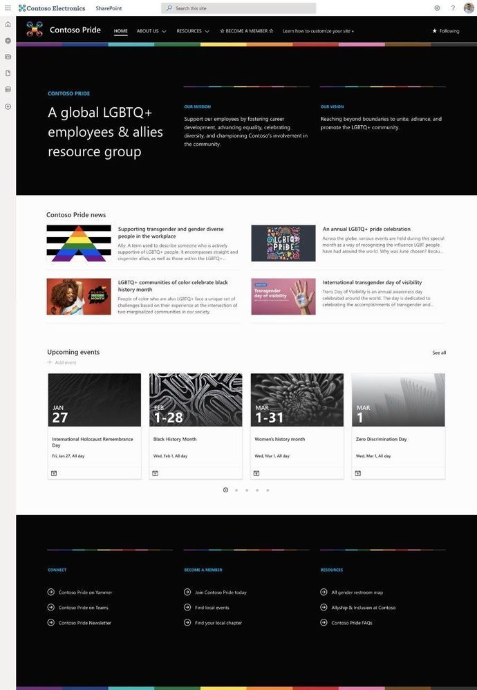 Full-screen view of the main home page from the LGBTQ+ Employee Resource Group site template once deployed as a site within your tenant.