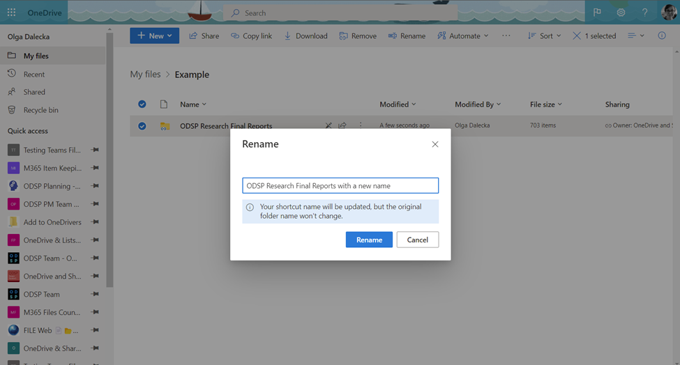Rename a shortcut you added to OneDrive - to best organize without impacting the destination folder in its original location.