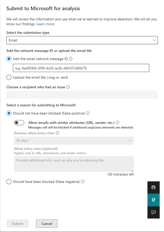 Figure 4: Submit a false positive Spoof message using Admin Submissions