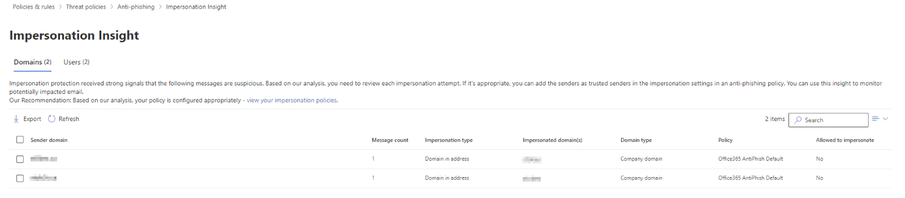Figure 13: Impersonation intelligence insight in Microsoft 365 Defender