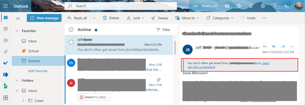Figure 14: First contact safety tip in Outlook on the Web
