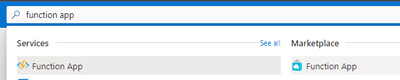 Azure screenshot showing "search" results for "function app"