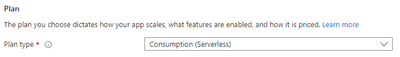 Azure screenshot showing the Consumption plan selected
