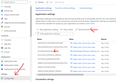 Azure screenshot showing the Configuration view for the App Service