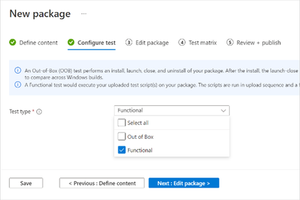 Screenshot showing a drop-down box in the test configuration pane in Test Base for Microsoft 365. The user can select functional, out of box, or select all.
