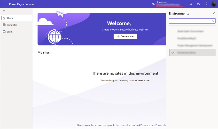 A picture showing how to choose an environment to create a Power Page site in