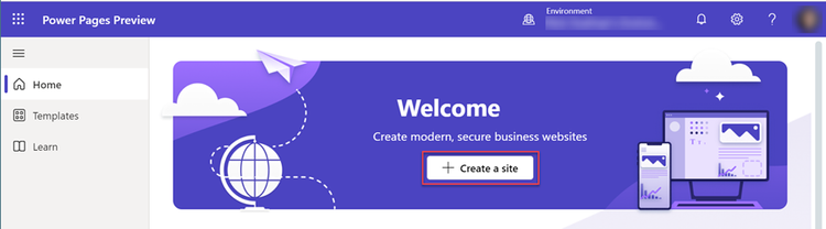 A picture showing how to create a site on Power Pages