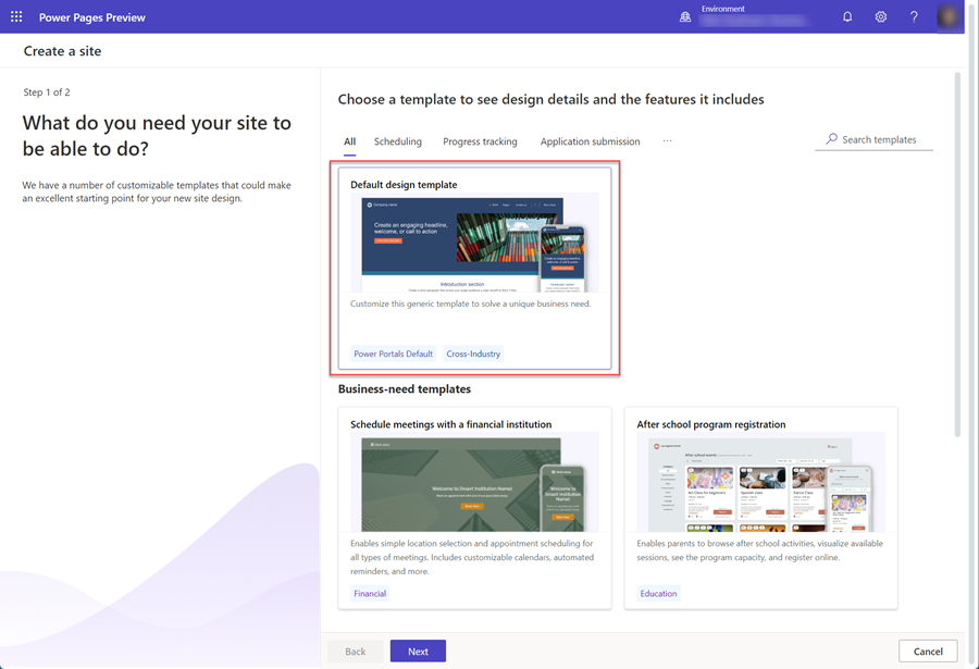 A picture showing the default template site on Power Pages