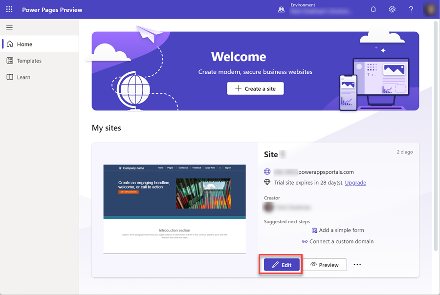 A picture showing how to launch the Design Studio on Power Pages