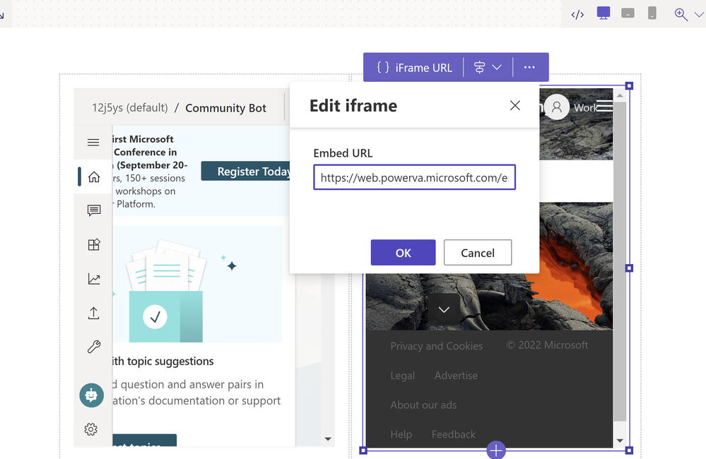 A picture showing how to embed a bot on Power Pages