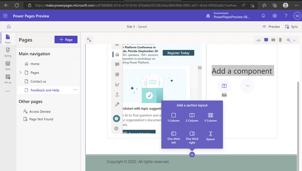 A picture showing how to add a section in Power Pages