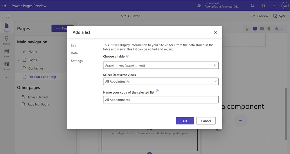 A picture showing List details from the Appointment Dataverse table